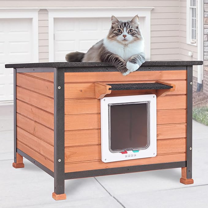 Outdoor Cat House Rainproof All Round Metal Frame Wooden Condos, Indoor and Outdoor Use for Rabbit,Small Animal Feral Cat Shelter