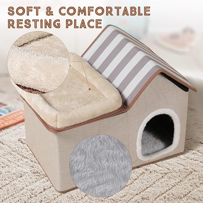 Topmart Cat House with Cat Bed, Large Indoor Condo, 2-in-1 Pet Bed for Kitten and Small Cat, Beige, Grey