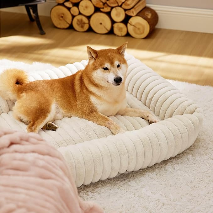 Bedsure Cute Dog Bed Medium Size Dog - Washable Furry Puppy Beds, Rectangle Orthopedic Corduroy Fleece Pet Beds with Removable Zipper Cover, 30x24x8inches, Cream