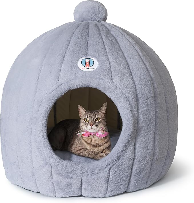 Extra Large Cat Cave Bed for Large Cats & Small Dogs – Plush Dome Hideaway with Removable Cushion – Spacious, Enclosed Cat House (24x23”, Light Gray)