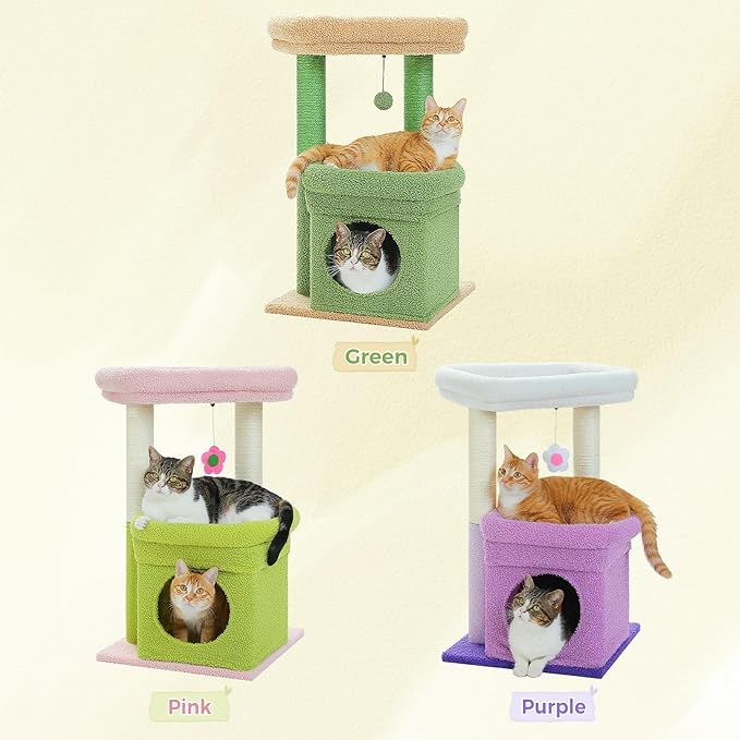PEQULTI Cat Tree Cactus Cat Tower for Indoor Cats with Private Cozy Cat Condo, Natural Sisal Scratching Posts and Plush Pom-pom for Small Cats Green