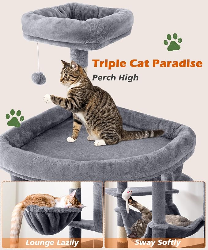 AMHANCIBLE Large Cat Tree, 83 Inch Multi-Level Tall Tower for Indoor Adult Cats, with Scratching Post and Board, Hammock, Condos, Hanging Basket, Activity Center to Play and Sleep, Grey, PT21GY