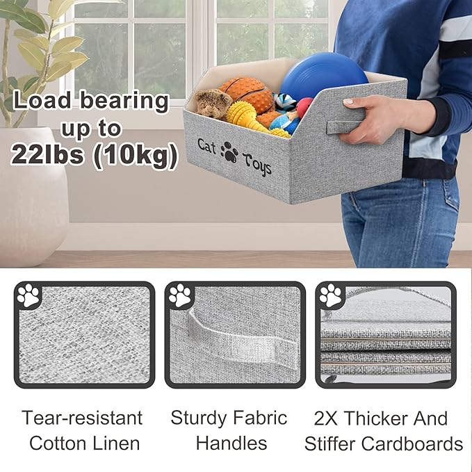 2X Thicker Large Cat Toy Bin Collapsible Cat Toy Box Sturdy Cat Toy Basket Kitten Toy Storage Bed for Organizing Cat Toys Treats Clothes and Accessories (Grey)
