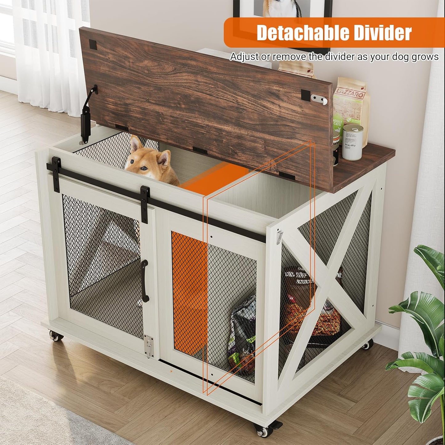 Dog Crate Furniture,37 Inch Indoor Dog Cage with Sliding Barn Door, Flip Top Dog Kennel End Table with Removable Divider, Farmhouse Wooden Pet House for Small to Middle Size Dogs