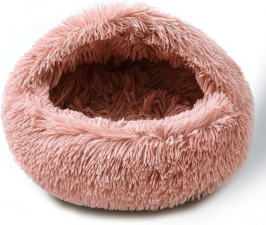 Cat Bed for Indoor Cats, Calming Cozy Cave with Self-Warming Plush, Entire Bed Machine Washable & Anti-Slip Base, Breathable Pet Bed for Small Cats&Dogs All Seasons (Leather Pink, 20 * 20inch)