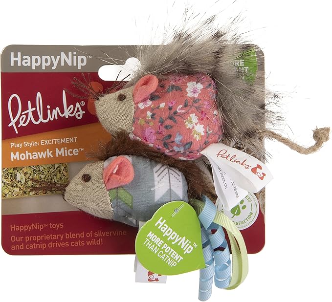Petlinks (2 Count) HappyNip Mohawk Mice Cat Toys, Contains Silvervine & Catnip - Blue/Pink, 2 Count