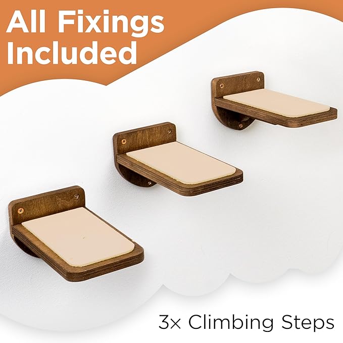 INICIO Cat Wall Stairs - Set of 3 Wall Steps for Cats to Climb with Fixtures, 9.3"x4.7" - Floating Steps for Climbing or Playing - for Kittens and Adult Cats, Dark Brown