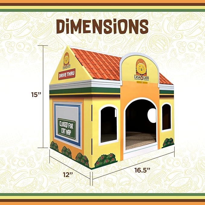 Capnip Cardboard Cat House with Scratcher for Indoor Cats – Mexican Fast Food Theme with Peek Holes, Casa Gato Design