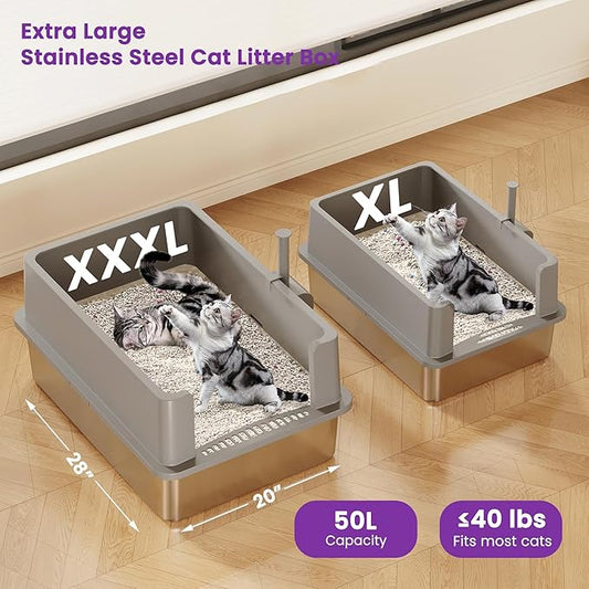 XXXL Stainless Steel Litter Box for Cats, 28''x20''x12'' Extra Large Metal Litter Box with High Sided Lid, for Big Cats, Multi-Cat Household, Non-Sticky & Easy to Clean