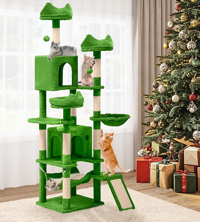 YITAHOME Tall Cat Tree for Indoor Cats, 75 inch Multi-Level Cat Tower with Cat Condos, Top Perches, Sisal Ramp Scratching Posts, Cozy Basket, Hammocks, Large Cat Pet Activity Structure,Green