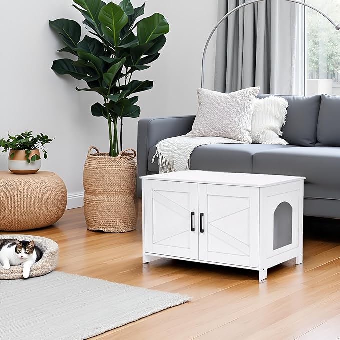 Homhedy Cat Litter Box Enclosure, Wooden Cat Washroom Furniture with Barn Door, Pet House, Fit Most of Litter Box, White