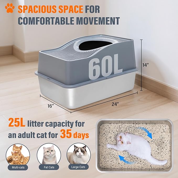 Top Entry Cat Litter Box with Lid, Stainless Steel XXL Enclosed Cat Kitty Litterbox, Extra Large Metal High Side Litter Pan Tray Box Enclosure Easy Cleaning Anti-Leakage