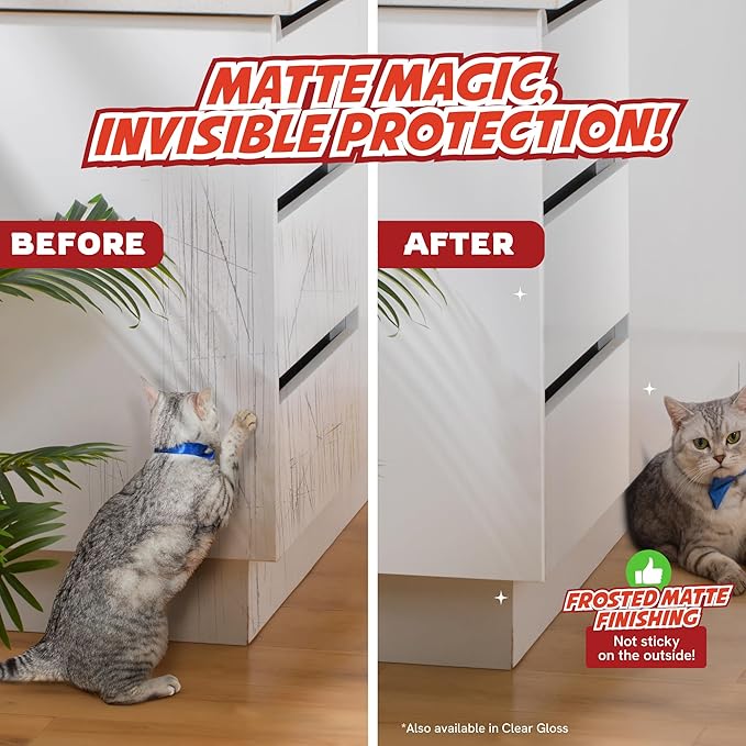 Panther Armor Frosted Matte Cat Scratch Tape for Furniture, Couch Protector, Single Side Sticky Tape for Pets to Stop Scratching, 4 in x 10ft, No Pins Required, Corner Protection