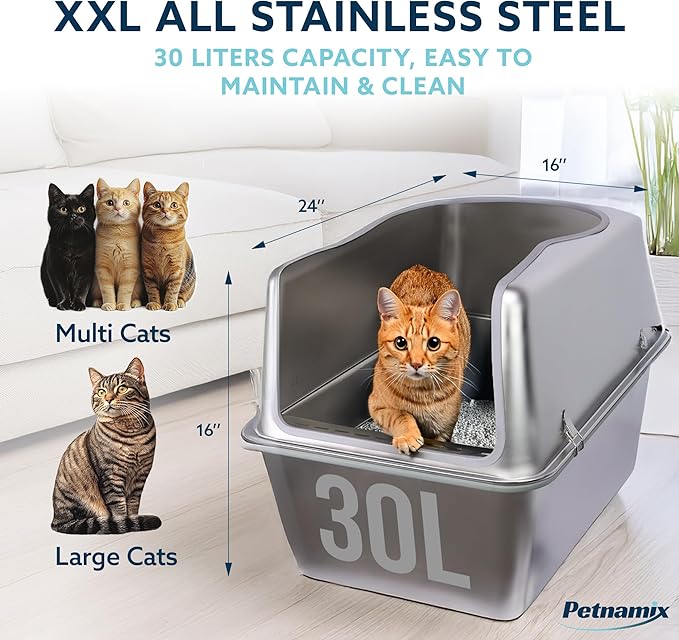 XXL Stainless Steel Litter Box with Lid 30L Capacity 16" Inch High Sides, Leak Proof Anti Tracking Pedal Non Stick Easy Clean Splash Proof Removable Top for Large and Multi Cats Includes Scoop & Mat