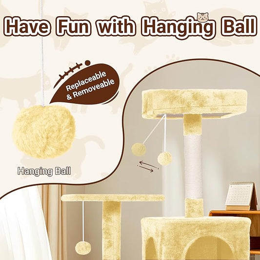 Cat Tree, 54-Inch Cat Tower for Indoor Cats,Plush Multi-Level Cat Condo with Scratching Posts, Basket, Perches,2 Caves,2 Pompoms(Beige)