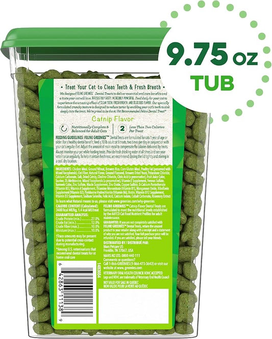 Greenies Feline Adult Dental Cat Treats, Catnip Flavor, 9.75 oz. Tub