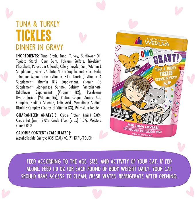Weruva B.F.F. OMG - Best Feline Friend Oh My Gravy!, Tuna & Turkey Tickles with Tuna & Turkey in Gravy Cat Food, 3oz Pouch (Pack of 12)