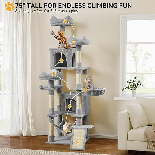 YITAHOME Tall Cat Tree for Indoor Cats, 75 inch Multi-Level Cat Tower with Cat Condos, Top Perches, Sisal Ramp Scratching Posts, Cozy Basket, Hammocks, Large Cat Pet Activity Structure, Light Gray