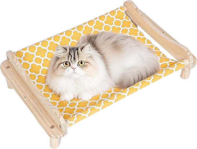 Elevated Wooden Cat Bed – 24"x15.7"x5.9" Breathable Hammock Pet Bed for Indoor/Outdoor Use, Raised Dog Lounger for Small Pets Like Kittens, Puppies, Rabbits, and Bunnies(Orange-1)