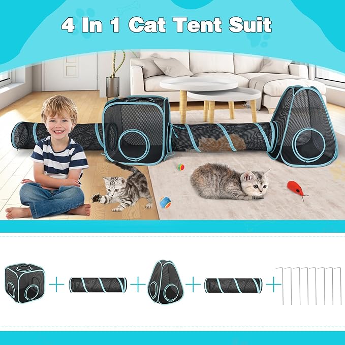 9.45FT Outdoor Cat Enclosures Portable Cat Playhouse, Pop Up Cats Tent with 33.86x 11.81IN Double Kitty Tunnels DIY in Multiple Ways, Cats Playpen Play Tents for Rabbits and Small Animals