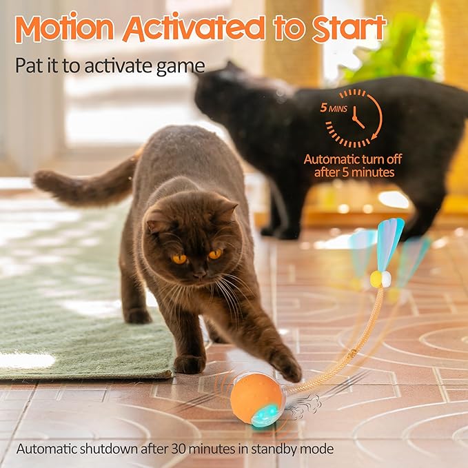 Interactive Cat Toys Ball for Indoor Cats, Automatic Moving Ball Toy with Elastic Mesh Tail, Chirping & Obstacle Avoidance and Motion Activated, Orange【Rechargeable】