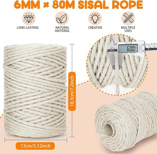 262FT/80M Cat Scratching Sisal Rope, 6mm Thick Natural Jute Rope for Scratch Posts, Cat Trees, DIY Projects, Sisal Rope for Cat Scratcher with 2 Cat Mouse Toys (White, 262ft)