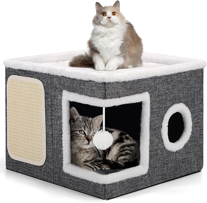 Cat Beds for Indoor Cats, Large Cat Cave with Cozy Condo, Fluffy Hanging Ball, Round Window, Foldable Indoor Cat House Hold Up to 30LBS, Cat Hideaway with Double-Sided Soft Cushions for All Seasons