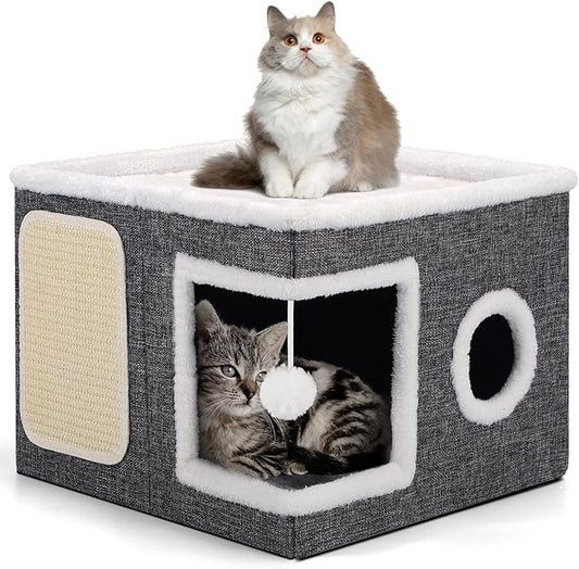 Cat Beds for Indoor Cats, Large Cat Cave with Cozy Condo, Fluffy Hanging Ball, Round Window, Foldable Indoor Cat House Hold Up to 30LBS, Cat Hideaway with Double-Sided Soft Cushions for All Seasons