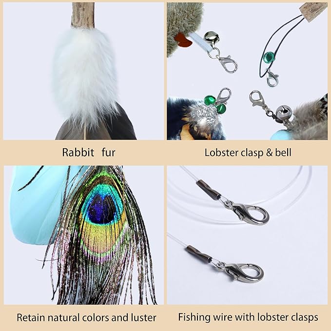 Cat Toy Feather Refills 5PCS with Bell,Clasp - Undyed Natural Cat Wand Refill Attachments Mouse,Feather,Bird for Bored Indoor Cats, Kittens to Chase and Exercise, Include Fishing Line