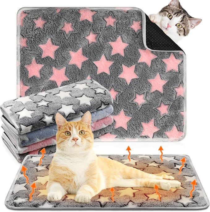 4 Pack Self Heating Cat Bed Cat Self Warming Pad with Removable Cover Extra Warm Thermal Pet Pad Washable Pet Crate Mat Anti Slip Kennel for Indoor Outdoor Pets(Star,16 x 20 Inches)