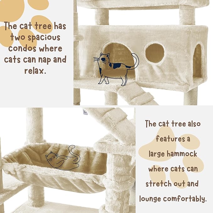 Cat Tree, 80-Inch Large Cat Tower with 9 Scratching Posts, 2 Perches, 2 Caves, 2 Basket, 2 Stairs, Extra Large Hammock, Pompoms, Multi-Level Plush Cat Condo for Indoor Cats/Beige