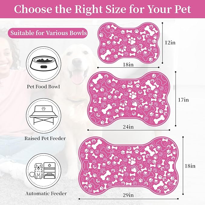 Dog & Cat Food Mat Bone Shaped Pet Feeding Mat Quick Absorb Water Bowl Placemat with Rubber Backing Indoor Floor Stain Resistant Pet Accessory Supplies (Pink, 17x29 Inches)