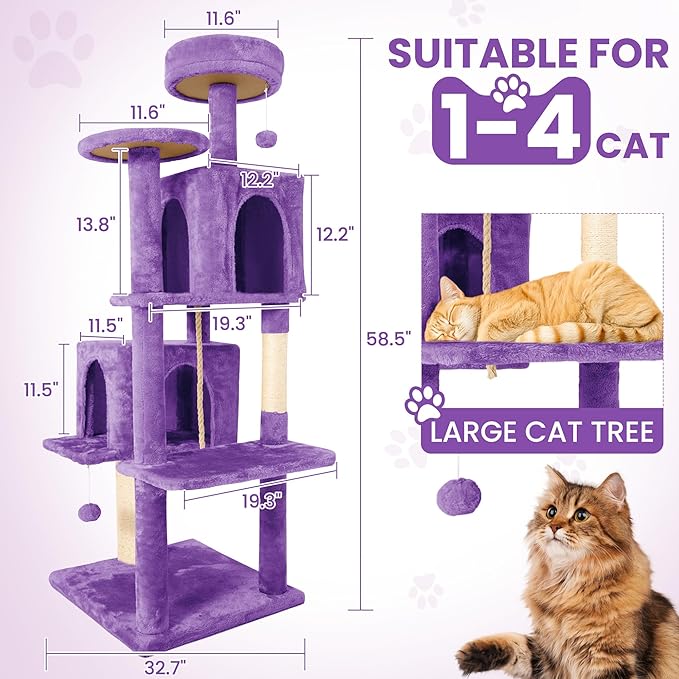 58.5inch Large Cat Tree Tower Condo for Indoor Cats, Soft Plush Multi-Level Climbing Tree Cat House, Scratching Post, More Entrance/Exit, Sisal Rope, Violet Purple