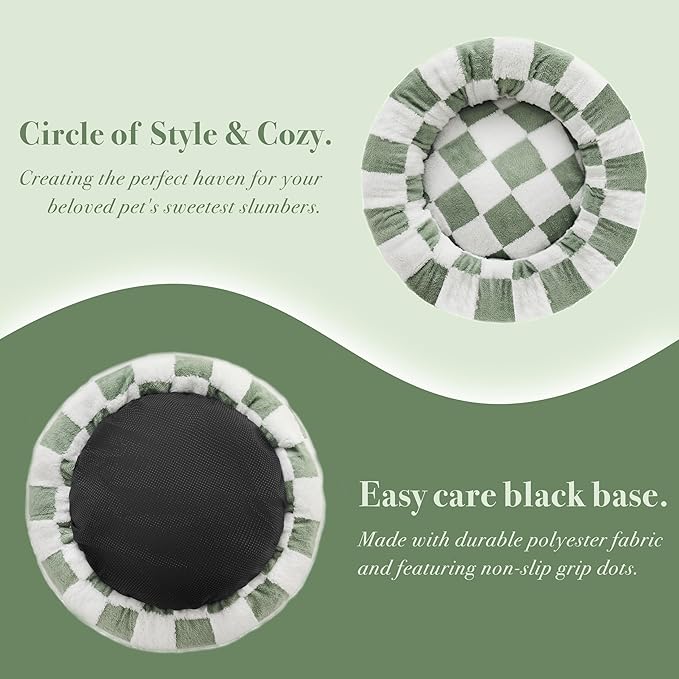Checkered Dog Bed, Cute Sage Green Retro Style Aesthetic Round Warming Pet Calming Beds for Small Dog and Cats, Plush Cozy Donut Washable, 30" L x 30" W x 8" Th