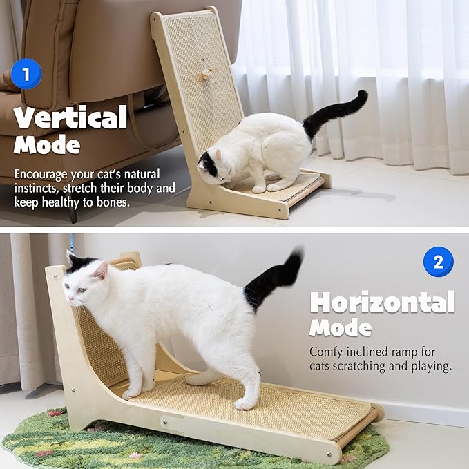 PETKARAY Sisal Cat Scratcher, Upright Cat Scratch Pad Wall Mounted, Vertical Scratching Post Alternative, L Shape Scratching Board 105°