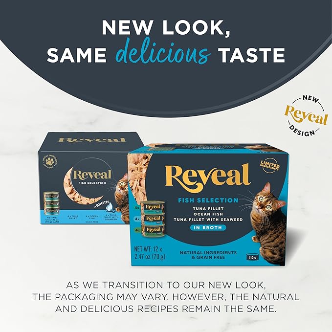 Reveal Natural Wet Canned Cat Food, Limited Ingredient, Grain-Free, Protein with No Artificial Additives, Fish Variety in Broth (12 x 2.47 oz Cans)