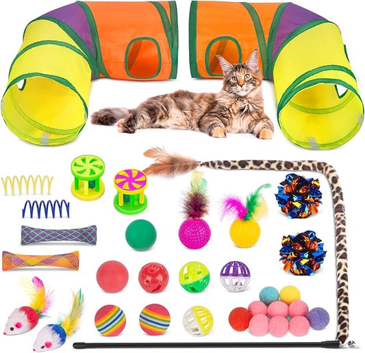 Retro Shaw Cat Toys Kitten Toys, Interactive Cat Tunnels Toy for Indoor Cats Kitty, Kitten Tube Tent Feather Wand Teaser Bell Fuzzy Ball Springs Mouse (33 Pcs Large Cat Tunnel Toys Set)