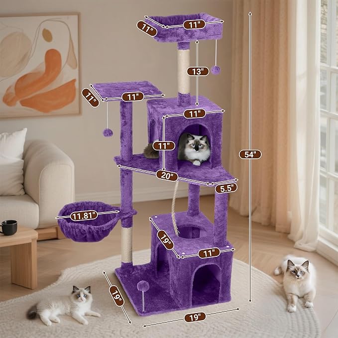 Cat Tree, 54-Inch Cat Tower for Indoor Cats,Plush Multi-Level Cat Condo with Scratching Posts, Basket, Perches,2 Caves,2 Pompoms(Purple)