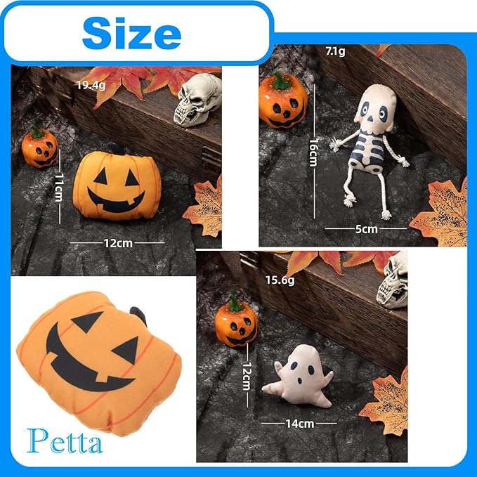 Halloween Cat Toys, Pumpkin Ghost Skeleton Catnip Toys for Cats Dogs Indoor, 3Pcs