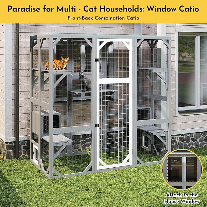 Outdoor Catio Cat Enclosures - Extra Large Wooden Outdoor Cat House Enclosure Weatherproof with Multi Platforms & Lounge Boxes, Indoor Interoperability - 71 Inch H