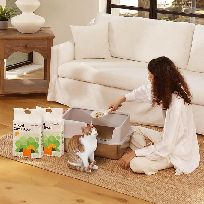 FUKUMARU Tofu Cat Litter, 16 LB Dust Free Clumping Cat Litter Pellets, 100% Natural Ingredients, Lightweight, Flushable, Ultra Absorbent, Low Tracking, Odor Control, Apple Wood Pellets (8lb x 2 Bags)