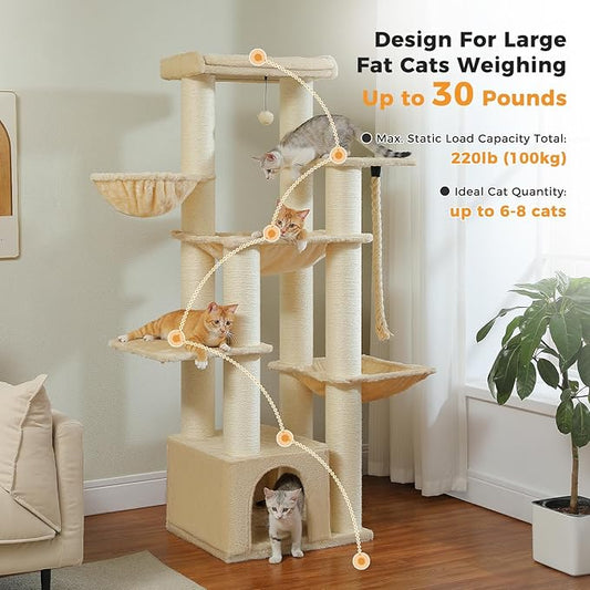 Large Cat Tree-67in Tall Cat Tower for Indoor Cats Large Adult with 13 Thick Sisal Scratching Posts (φ4.3in), Multi- Level Cat Condo, Super Big Perch & Hammocks for Maine Coon 20 lbs -Beige