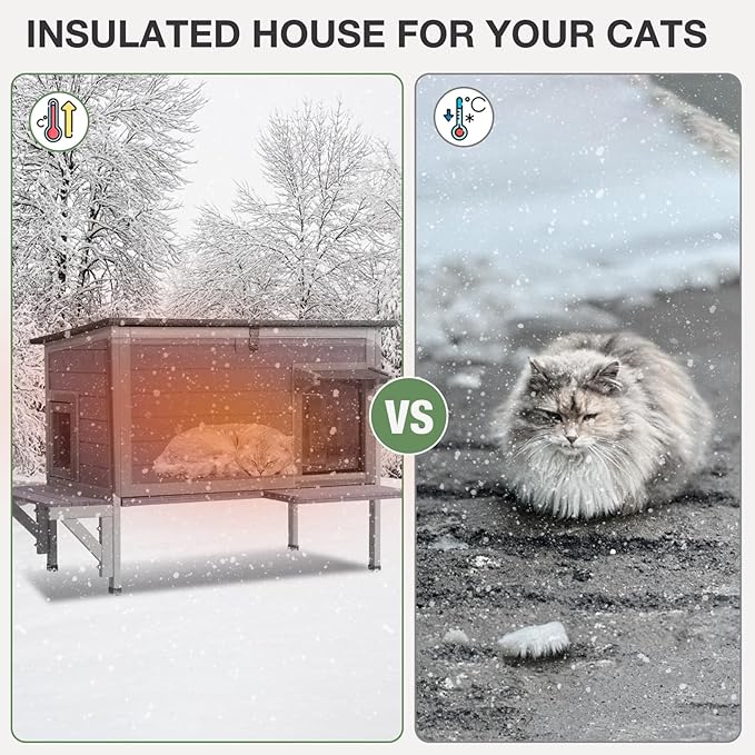 Outdoor Cat House with Insulated Liner, Heated Feral Cat House for Winter, Weatherproof Stray Cat Shelter Outside, Kitty Condo Indoor