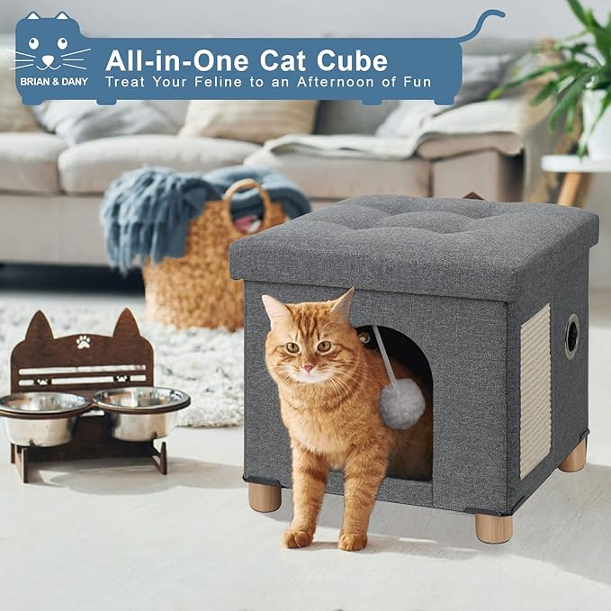 BRIAN & DANY Cat House for Indoor Cats, Cat Cave Bed for Pet, Cat Cube with Cat Scratch Board & Cat Ball,17.7 x 14.8 x 15 inches, Grey