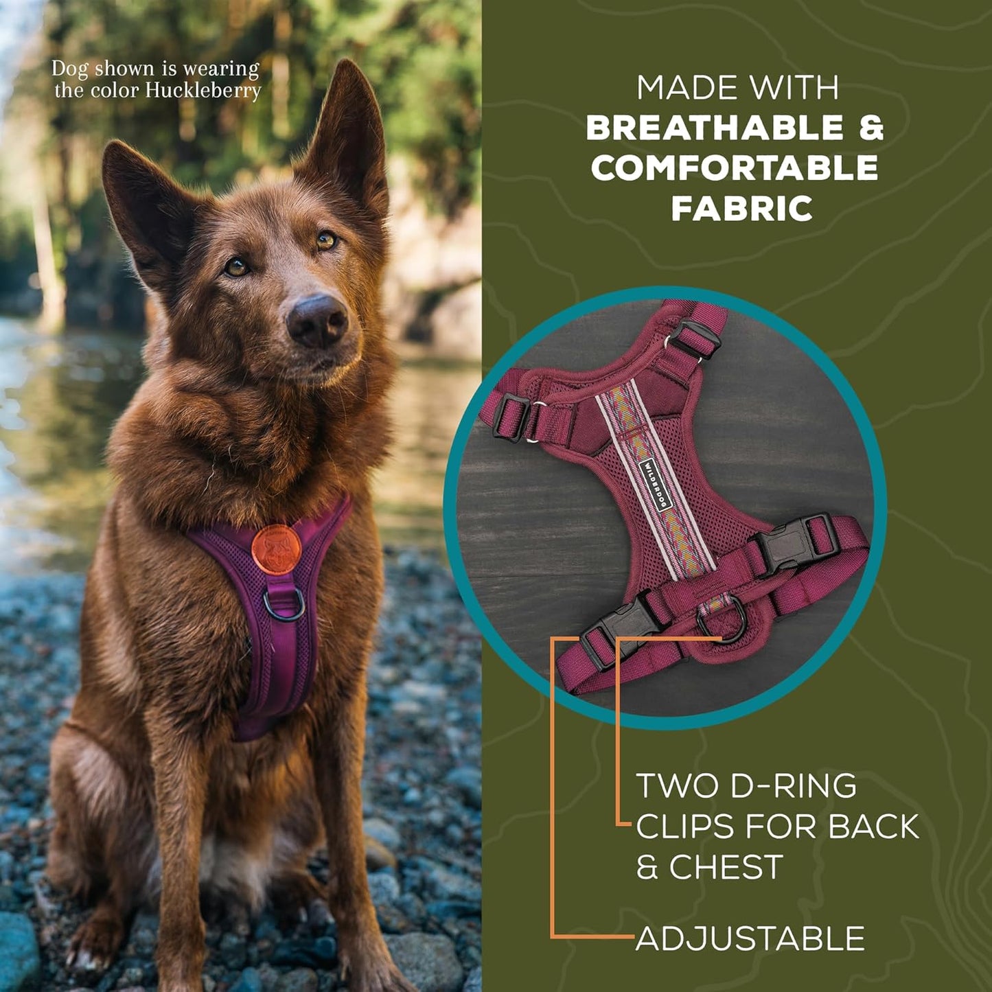 Wilderdog Lightweight Dog Harness with Reflective Straps - Large - Huckleberry