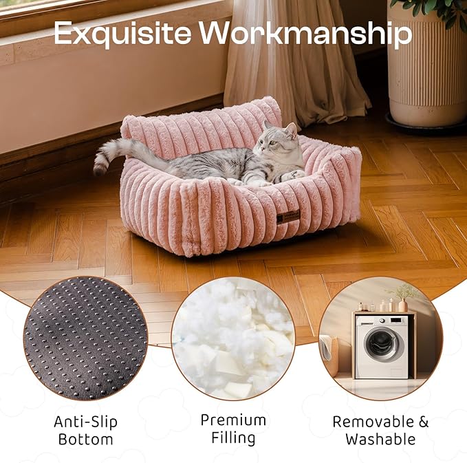 MEWOOFUN Cat Beds for Indoor Cats, Fluffy Cat Couch with Removable Washable Cover, Supportive Small Dog Beds for Puppy & Kitten up to 15 lbs (Pink, 24x19x12)