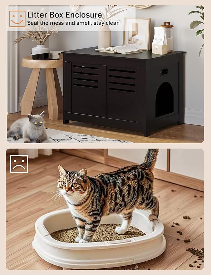 DINZI LVJ Litter Box Enclosure, Flip Top Litter Box Furniture, Good Ventilation, Hidden Cat Washroom, 27.6" L x 19.7" W x 19.7" H, Entrance Can Be on Left/Right, Wooden Cat House, Espresso
