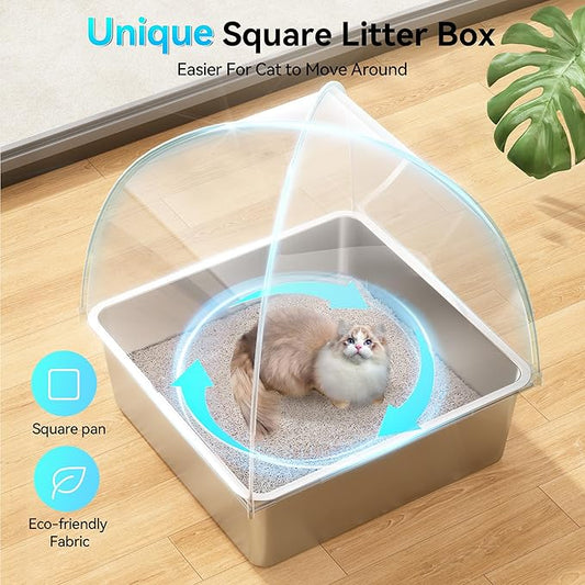 Extra Large 3-in-1 Enclosed Stainless Steel Cat Litter Box with Lid, High-Sided Oxford Cover, Metal Scoop, Odor Free, Leakproof & Easy-Clean Design