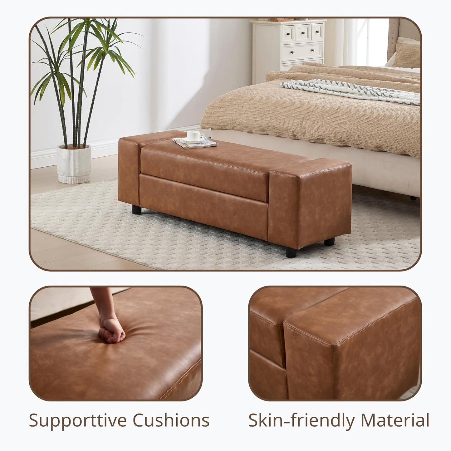 Storage Ottoman Bench 55 Inch Upholstered Comfy PU Leather End of Bed Bench with Large Storage for Bedroom/Living Room/Entryway/Closet(Brown)