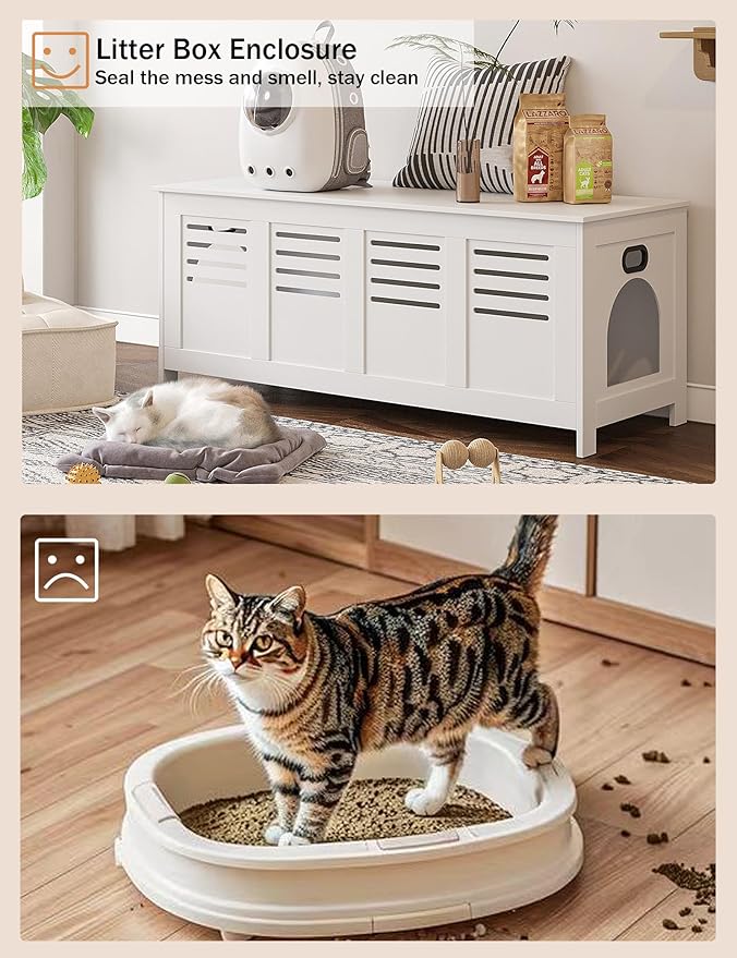 DINZI LVJ Litter Box Enclosure Furniture for 2 Cats, Top Opening Hidden Litter Box with Double Rooms, Dual Cat House with Good Ventilation, 47.2" Wooden Cat Washroom, White